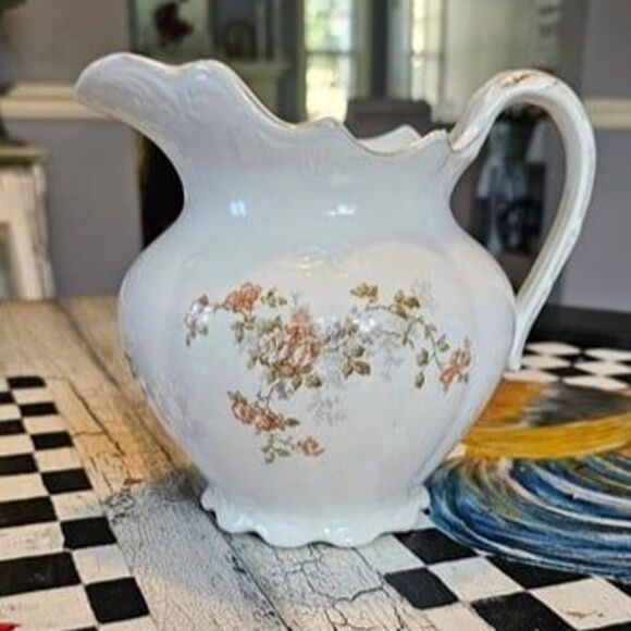 Antique K.T.&K. Co. Semi-Vitreous Porcelain Pitcher Floral Pattern Gold Trim - Picture 2 of 7